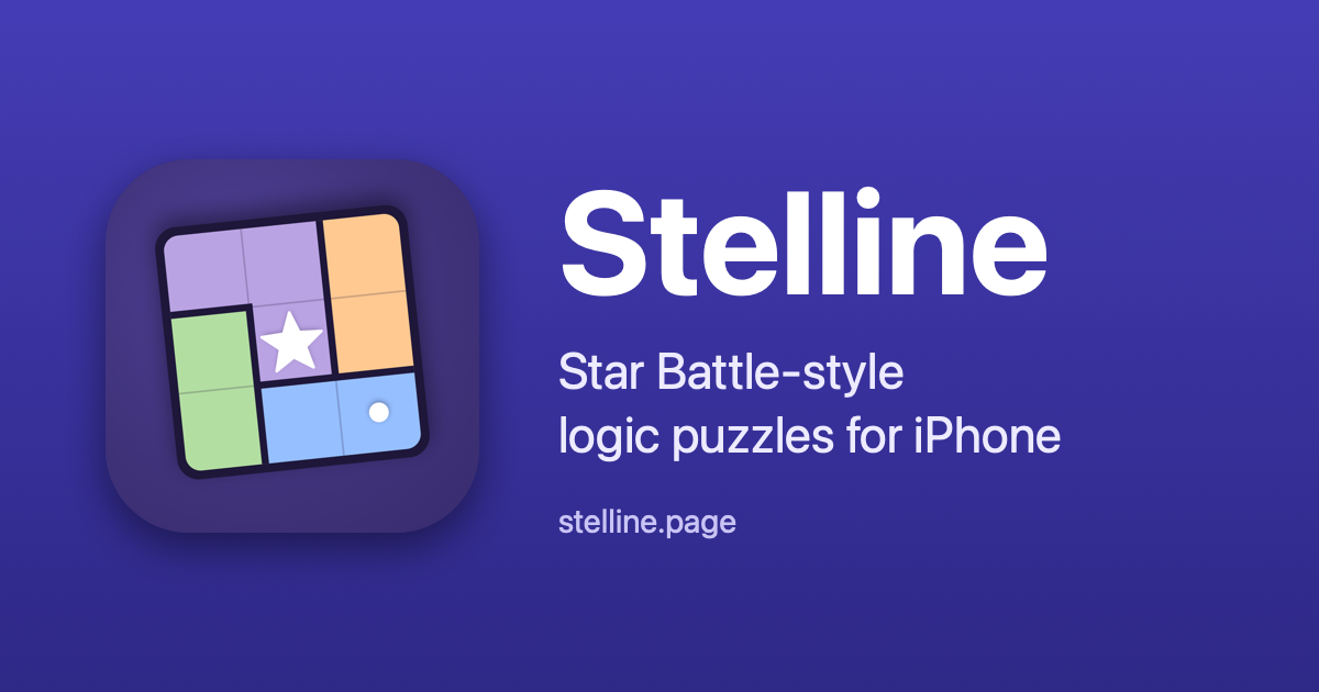 The Stelline app icon next to the words Stelline, Star Battle-style logic puzzles for iPhone, stelline.page, on a plum ground.