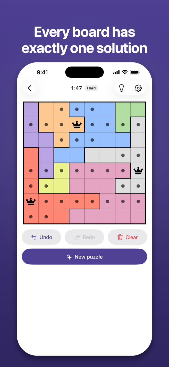 An 8 by 8 board in progress under the headline “Every board has exactly one solution”: pastel colour regions, three queens placed, dots on the cells that cannot hold one, the timer and the Hard badge above.