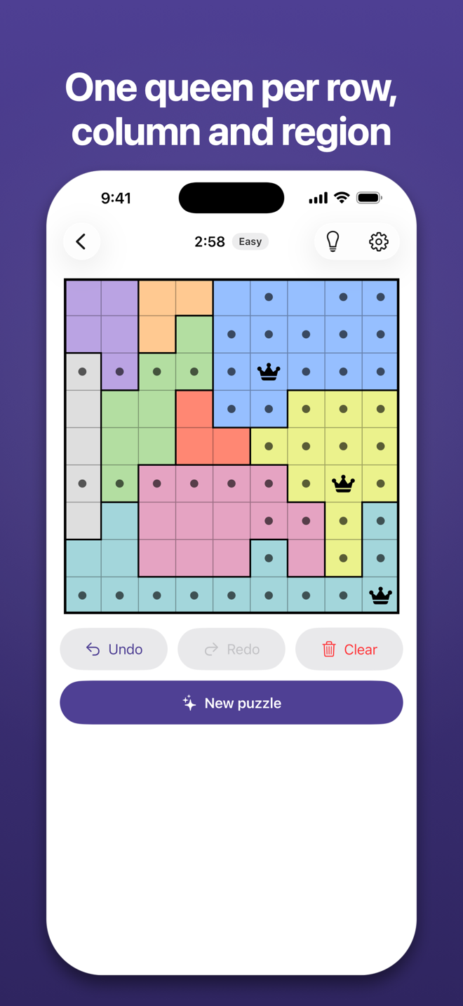 A 9 by 9 board in progress under the headline “One queen per row, column and region”: three queens placed, their rows and columns dotted.