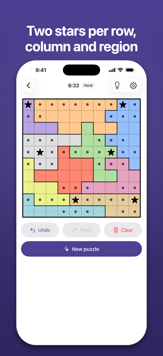 A 10 by 10 board in 2-star mode under the headline “Two stars per row, column and region”: six stars placed with their dots.