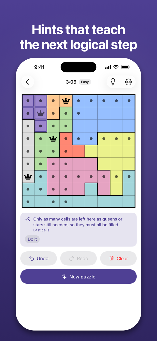 The hint ladder at its second step under the headline “Hints that teach the next logical step”: the cells of the deduction highlighted, the technique explained, a Do it button.