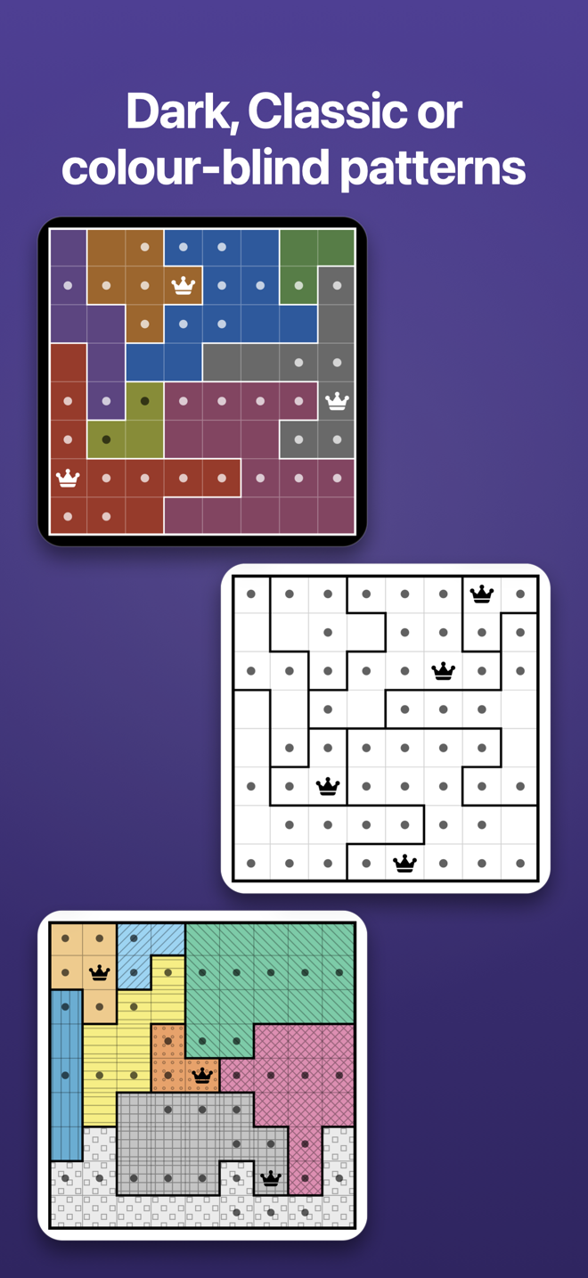 Three board cards under the headline “Dark, Classic or colour-blind patterns”: the board in dark appearance, in the black-and-white Classic theme, and in colour-blind mode with a distinct pattern per region.