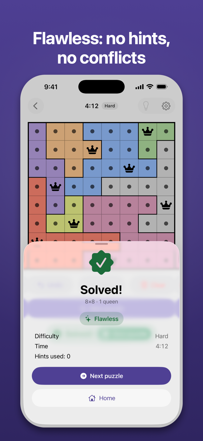 The Solved sheet under the headline “Flawless: no hints, no conflicts”: the Flawless badge, difficulty, time and hints used.