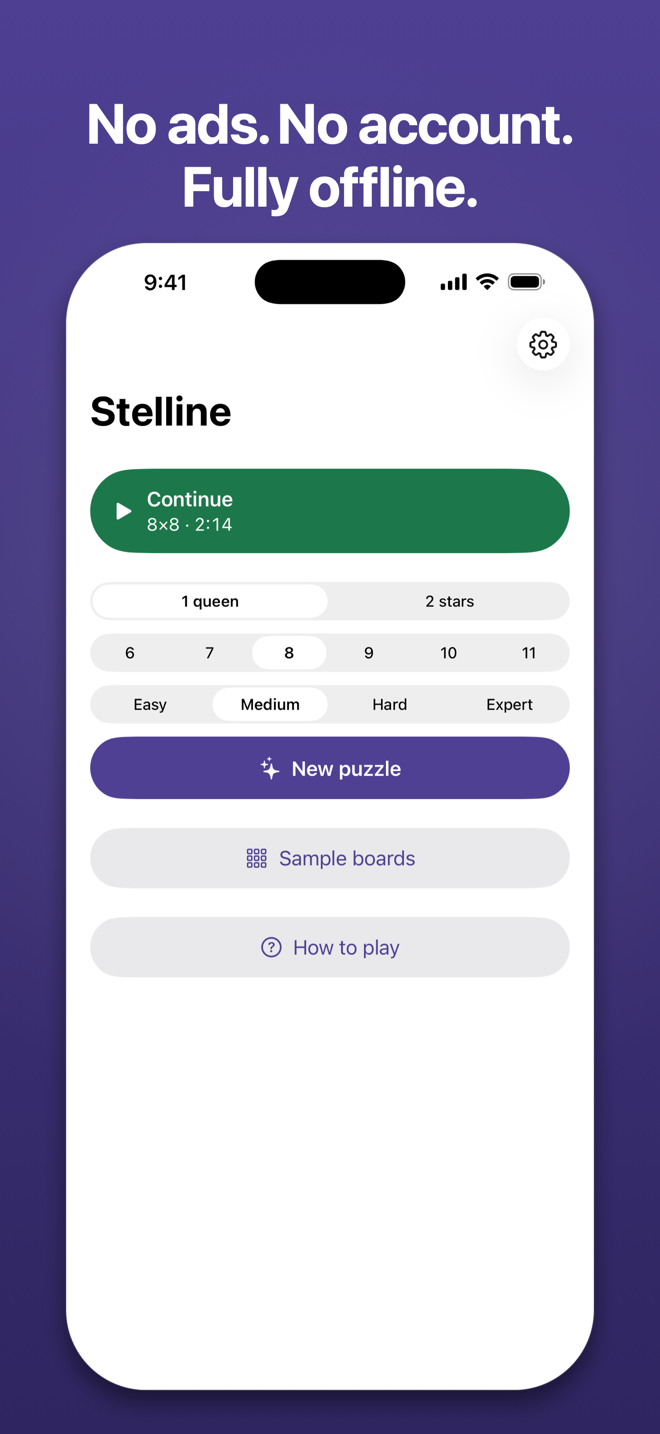 The Home screen under the headline “No ads. No account. Fully offline.”: Continue, the mode, size and difficulty pickers and the New puzzle button.
