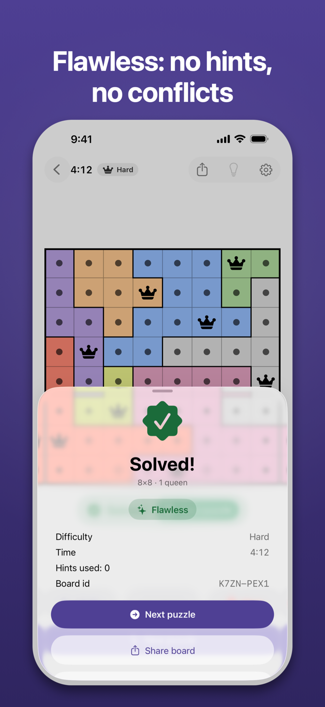 The Solved sheet under the headline “Flawless: no hints, no conflicts”: the Flawless badge, difficulty, time and hints used.